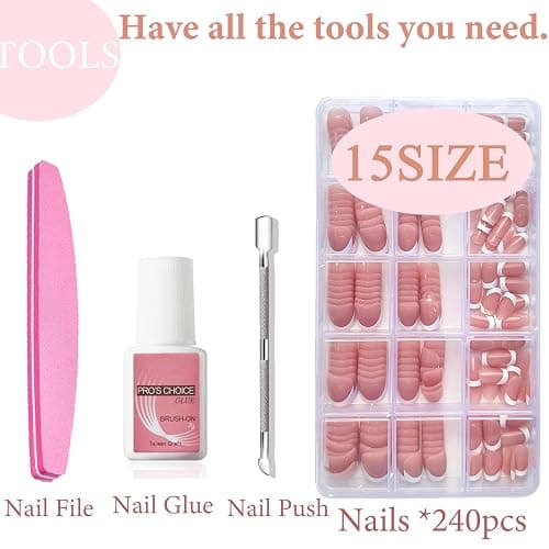 French Tip Press on Nails - 240Pcs Short Fake Nails Set - 15 Size Acrylic Full Cover Artificial Fake Nails, Natural Color - French Tip Press on Nails Short Square DIY Nail Extensions thumbnail 6
