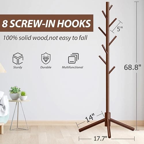 Unisakey Durable Wooden Coat Rack, Freestanding Coat Rack with Stable Triangular Base, 8 Hooks & 3 Adjustable Heights, Simple Assembly for Bedroom, Hallway, Office(New Brown) thumbnail 3