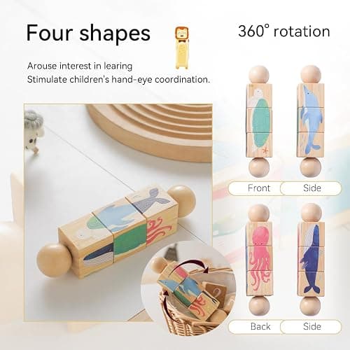 Promise Babe Wooden Animal Puzzle Toy for Toddlers 1-3, Rotating Spin Twist Blocks Set of 2, Learning Educational Montessori Toy Gifts for Kids Boys Girls, Whale and Fox thumbnail 4