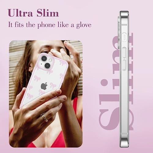 EYZUTAK Case for iPhone 13, Clear Cute Ribbon Bowknot Pattern Aesthetic Transparent Phone Case Raised Camera Protection Stylish Slim Soft Durable TPU Protective Cover for Women Girls - Pink thumbnail 4