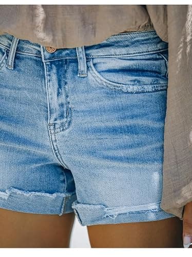 MEMVU Jean Shorts Womens Mid Rise Stretchy Frayed Raw Hem Denim Shorts | Women's Jean Shorts Casual,Stretch,Breathable,Ripped Distressed,Trendy Cute,Beach Vacation Summer Shorts,Daily Wear thumbnail 4