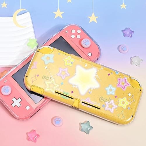 DLseego Protective Case Suitable for Switch Lite Console 2019, TPU Soft Shell Anti-Slip Shock-Absorption Crystal Protective Heart Games Case with 2 PCS Cute Cat Paw Thumb Grips Caps - Glitter Yellow thumbnail 5
