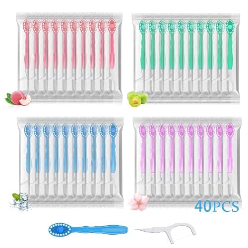 SUPENEGY 40pcs 5 in 1 Disposable Mini Toothbrush with Toothpaste + Floss + Pick + Tongue Scraper | Travel Size | Individually Wrapped | Soft | Mint | Travel Set | Oral Care (4) - Image 1