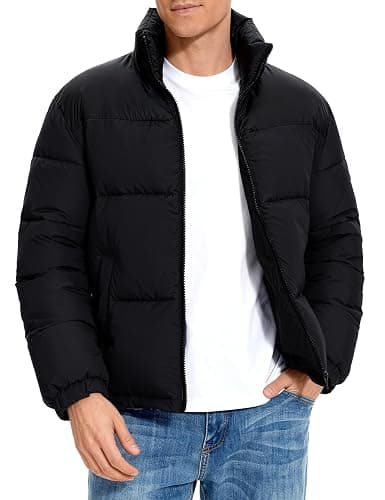 PEHMEA Men’s Puffer Jacket Stand Collar Zipper Coat with Pockets Retro Bubble Outwear for Winter - Image 1