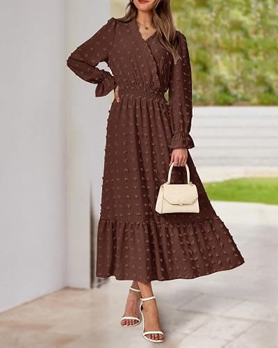 BTFBM Women Fall Maxi Dresses 2025 Long Sleeve V Neck Swiss Dots High Waisted A-Line Ruffle Boho Long Dress Vacation thumbnail 7