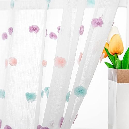 MYSKY HOME Small Curtains for Kitchen Windows Rainbow Pom Pom Curtains for Bedroom Light Filtering White Sheer Curtains for Nursery Cafe Bathroom Privacy Rod Pocket Voile 52 x 45 inch 2 Panels - Image 1