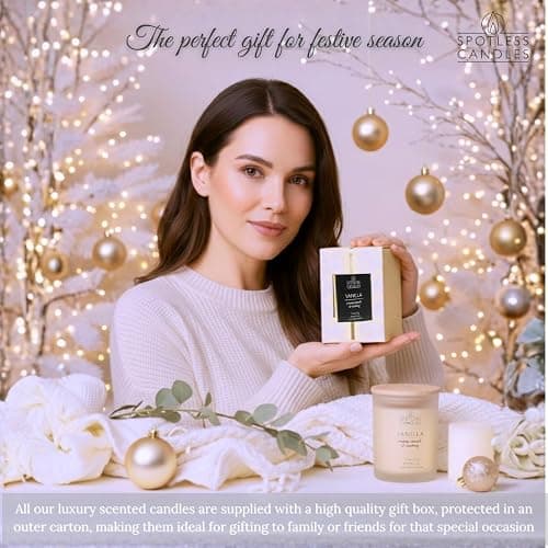 Vanilla Candle 9.7 oz: 55 Hrs Burn Time - Vanilla Scented Candles in Frosted Glass Jar with Wooden Crackling Wick in a Luxurious Gold Foil Lined Gift Box thumbnail 2