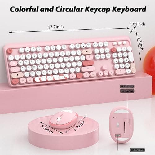 Wireless Keyboard,KOOTOP Cute Colorful 104 Keys Typewriter Retro Round Keycaps Keyboard for PC Laptop,Desktop,Windows, Home and Office Keyboards (Pink) - S300 pink thumbnail 3