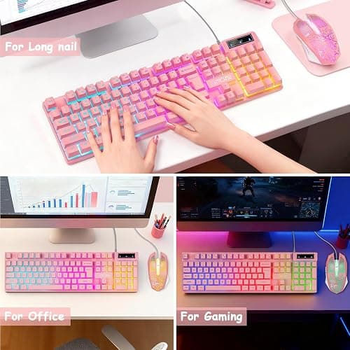 CHONCHOW Pink Gaming Keyboard and Mouse Combo with LED, 104 Keys Wired Light Up Pink Keyboard and Cute Mouse Set for PC Laptop Computer PS4 Xbox, 19 Keys Anti-ghosting, Multimedia Keys, Number Pad thumbnail 5