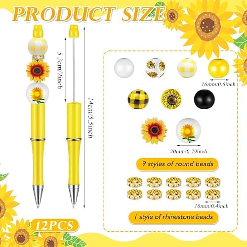 Geyee 12 Set Plastic Beadable Pens Assorted Bead Pens Crystal Wood Round Spacer Set Black Ink DIY Ballpoint for Women Men Gift Office Supplies(Sunflower) thumbnail 3
