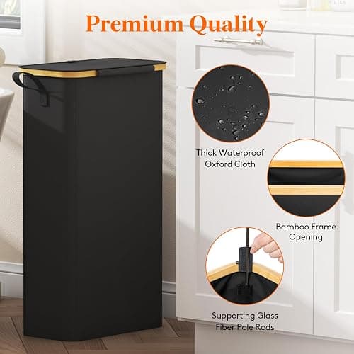 Lifewit 65L Slim Laundry Hamper with Lid, Narrow Laundry Basket with Removable Bag & Bamboo Handles, Fodable Thin Dirty Clothes Hamper for Laundry Collapsible Bin for Bathroom Bedroom Dorm, Black thumbnail 7