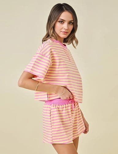 MSBESYOR Striped Set for Women Summer 2 Piece Lounge Sets Casual Pajamas Matching Set Short Sleeve T-Shirt and Shorts Outfits thumbnail 4