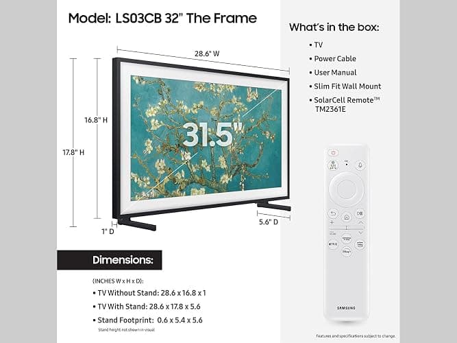Samsung 32-Inch Class QLED The Frame LS03C Series, Quantum HDR, Art Mode, Anti-Reflection Matte Display, Slim Fit Wall Mount Included, Smart TV w/Alexa Built-in (QN32LS03CB) thumbnail 4
