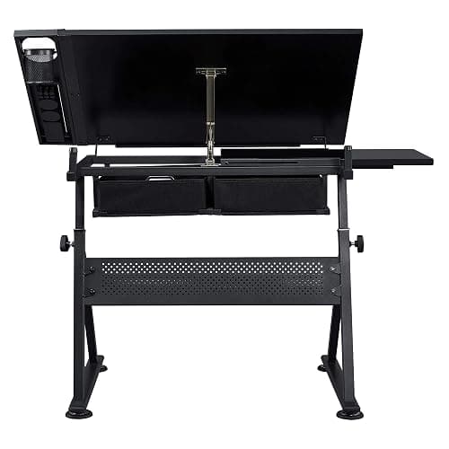 Yaheetech Drafting Table for Artists, Height Adjustable Drawing Desk Art/Craft Desk Diamond Paintings Work Station w/ 2 Storage Drawers and Stool for Home Office School, Black - Black - Large thumbnail 9
