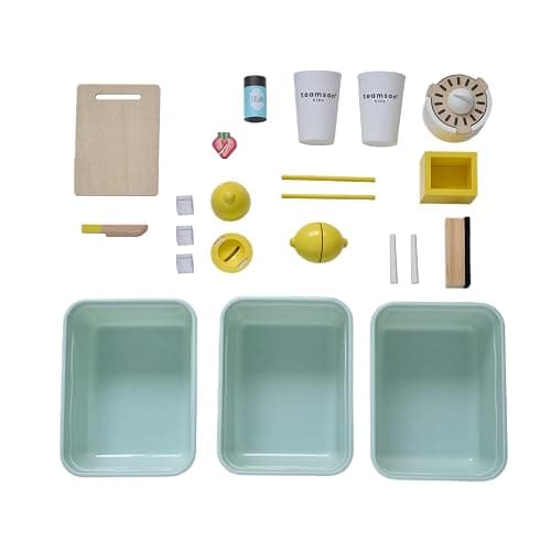 Teamson Kids Wooden Lemonade Stand, Yellow White, Age 3+ | For Toddlers, Pretend Play Grocery Shop, 18 Accessories, Juice Squeezer, Storage Bins thumbnail 8