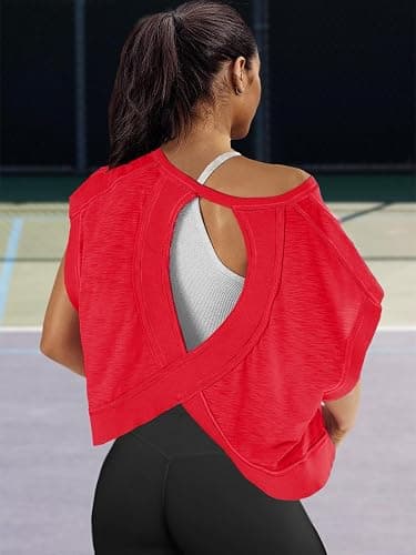 Panadila Womens Open Back Workout Top Oversized Workout T Shirts Backless Athletic Shirt Short Sleeve Baby Tee thumbnail 3