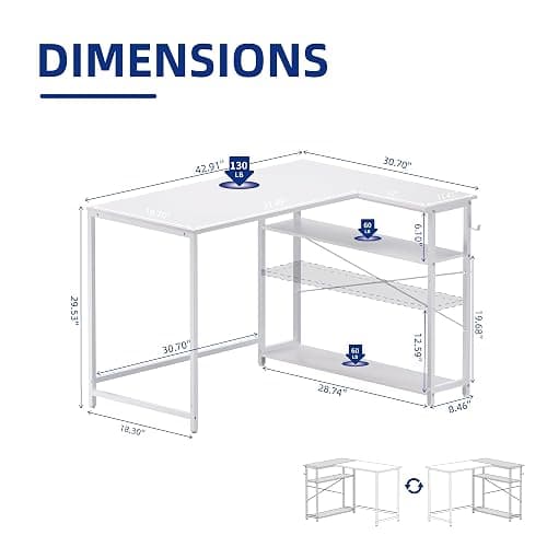 Pamray 43 Inch L Shaped Computer Desk with Reversible Side Storage Shelves, Small Corner Desk for Small Space Home Office,Writing Study Table PC Desk for Bedroom,White thumbnail 3