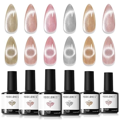 modelones Cat Eye Gel Nail Polish Set, Holographic Glitter 6 Colors with Magnet Sparkle Galaxy Series Nude Pink Gel Polish Soak Off Led Gel Polish Kit Nail Art Gel Manicure Salon DIY Gifts - Image 1