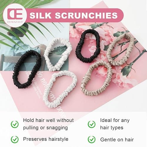 6Pcs Silk Hair Ties Small 22 Momme 100% Pure Mulberry Silk Scrunchies for Women Girls Thin Skinny Hair Sleep Scrunchies No Damage(Color 07) thumbnail 5