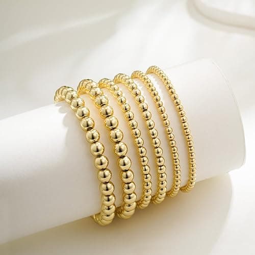 Eaciy Gold Bracelets for Women, 14K Gold Plated Beaded Bracelets Gold Strand Bead Ball Bracelet Stack Set Adjustable Bracelet Set Waterproof Jewelry for Women Gifts Non Tarnish - 03-6PCS thumbnail 6