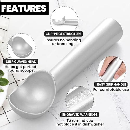 CUNSENR 7 inch Ice Cream Scoop - One-Piece Nonstick Aluminum Ice Cream Scooper - Professional Metal Ice Cream Spoon - Durable, Easy to Use & Clean - Lightweight Cookie Spoon - Scoop Ice Cream (Sliver) - Silver thumbnail 4