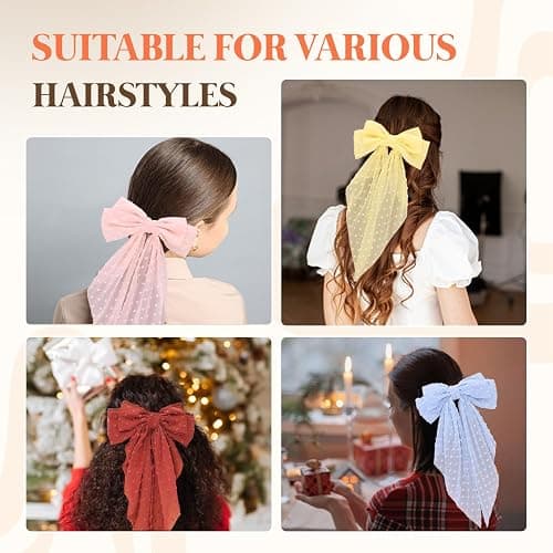 Loqpol 6 PCS Chiffon Hair Bows, Oversized Long Tail Bows with Aliigator Clips, Coquette Hair Accessories for Women and Girls (Red-Lavender-Pink-Yellow-Blue-White) thumbnail 6