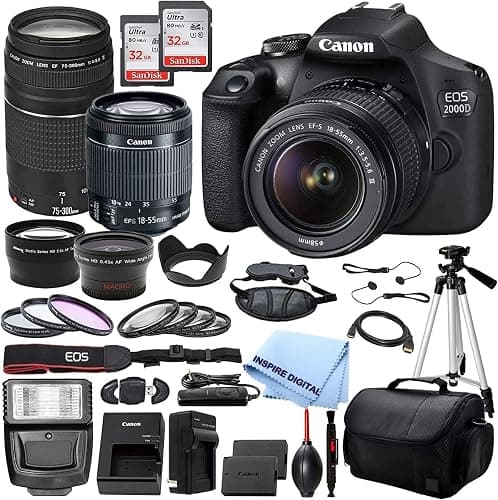 Black Canon EOS 2000D Rebel T7 DSLR Camera with EF-S 18 55mm DC III and 75 300mm III Lenses canon2000D32gb w Inspire Digital Cloth (Renewed) - Image 1