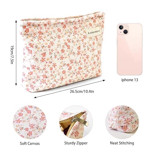 Aesthetic Makeup Bag Cotton, Quilted Floral Make up Bags, Travel Toiletry Bag Women, Daily Use Cosmetic Bags for Girls, Pink Makeup Bag for Purse, Cosmetics Organizer Pouch thumbnail 3