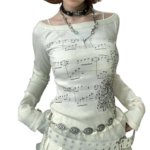 Grunge Off Shoulder Tops Women Long Sleeve Fitted 2000s Goth Emo Music Shirt Teen Girls Vintage Y2k Graphic Tee - Image 1