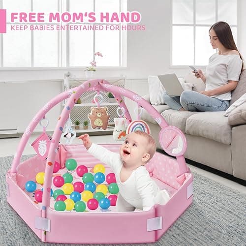 Baby Gym Play Mat, 8-in-1 Tummy Time Mat & Ball Pit with 6 Toys, Washable Baby Activity Mat for Visual, Hearing, Sensory, Motor Development, Babies Gift for Newborn Infant 0-3-6-9-12 Months (Pink) thumbnail 6