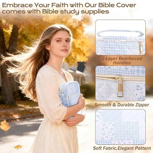 XKDOUS Bible Cover Case for Women Bible Bag Journaling Kit w/Study Supplies | Blue Patchwork Large Carrying Case w/Handle, Tabs, Pens, Portable Church Book Holder Christian Gifts for Woman Lady thumbnail 7