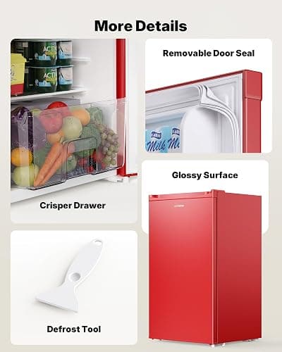 Upstreman 3.2 Cu.Ft Mini Fridge with Freezer, Red-BR321 | Adjustable Thermostat, Energy Saving, Low Noise, Reversible Door, Small Refrigerator for Dorm, Bedroom, Office thumbnail 9