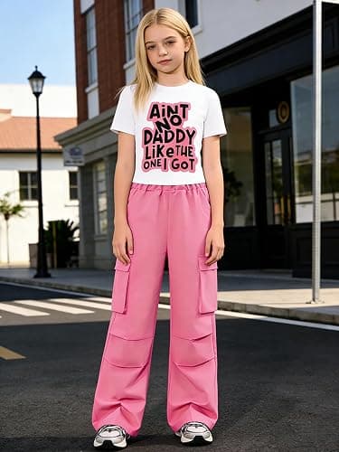 GOLLUNER Girls 2 Piece Outfits Short Sleeve Letter Print Top＋Wide Leg Pants with Pockets Summer Clothing Set Sizes 8-15 Years thumbnail 4