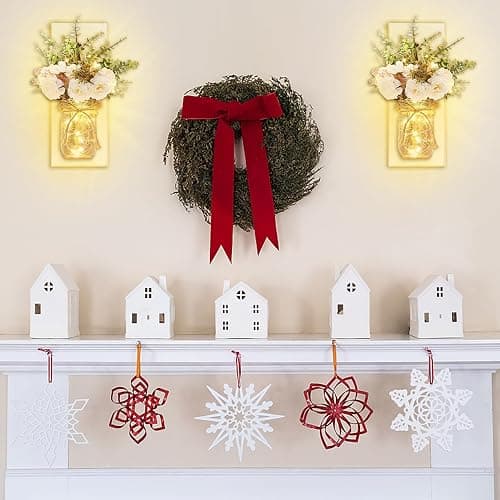 Rustic Wall Sconces Mason Jar Sconces Handmade Wall Art Hanging Design with Remote Control LED Fairy Lights and White Peony, Christmas Decor Gifts Farmhouse Home Decor Living Room Lights Set of Two thumbnail 2