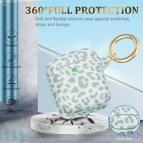 Leopard Silicone Compatible with Airpods Case, Gawnock Soft Cover Flexible Compatible with Airpods 2nd/1st Generation Floral Print Cover for Women Girls with Keychain - Light Green Leopard Cheetah thumbnail 5