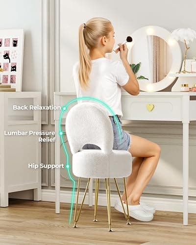 GREENSTELL Small Vanity Stool Chair with Storage and Folding Back, 13" x 13" x 17.7" Faux Fur Soft Ottoman for Teenager, 4 Metal Legs with Anti-Slip Feet, Furry Padded Seat for Makeup, Bedroom, White thumbnail 3