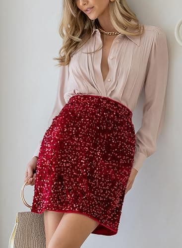 Happy Sailed Women’s Sequin Skirt Sparkly Stretchy Velvet High Waisted A-Line Glitter Mini Skirts for Night Out Party thumbnail 3