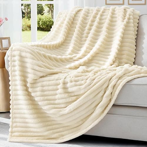 decorUhome Soft Fleece Beige Throw Blanket for Couch, Cozy Fluffy Plush Flannel Striped Blanket for Sofa Bed, Lightweight Decorative Ribbed Fuzzy Blanket for Woman, 50x60 Inches - Image 1