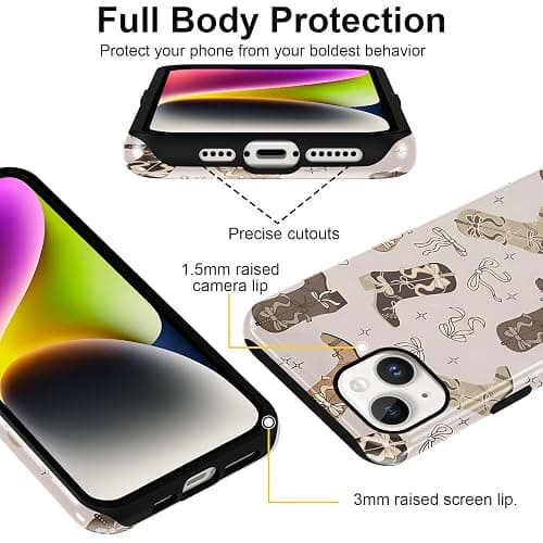 Vulfwela for iPhone 13/iPhone 14 6.1'' Brown Bow Cowgirl Western Phone Case | 2 in 1 Retro Fall Cowboy Star Boot Pattern Aesthetic Boho Case Scratch-Resistant Shockproof Protective Cover for Women Girls thumbnail 3