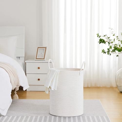 VIPOSCO 58L Tall Woven Laundry Basket Hamper, White | Cotton rope basket, collapsible wicker hamper, panier a linge, storage for gift, blanket, dirty clothes, for bathroom thumbnail 5