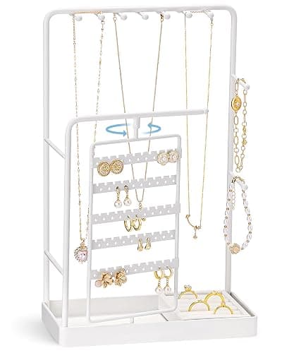 ProCase Jewelry Stand Holder Organizer, Jewelry Display Storage with Ring Tray, Rotating Earring Bracelet Necklace Holder, Valentine's Gifts Room Dorm Decor for Teen Girls -White (No-Assembly) - Image 1