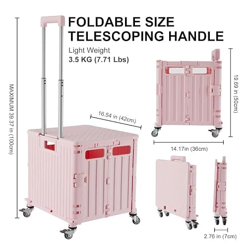 MACOPRO Folding Utility Cart Portable Rolling Crate Handcart Shopping Trolley Collapsible Tool Box, with Lid, Basket on 4 Rotate Wheels, for Grocery, Shopping, Office, Teacher (Pink) thumbnail 3