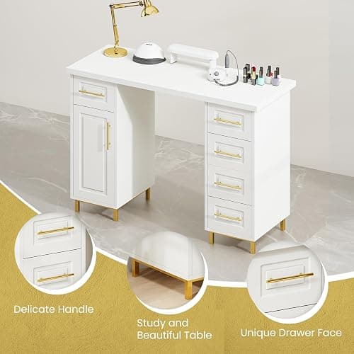 MaverickFurni Nail Tech Desk for Nail Tech, 43 Inch Wooden Manicure Table with Storage, Nail Table with 5 Drawers and Cabinet, Manicure Desk Nail Station (White) thumbnail 5