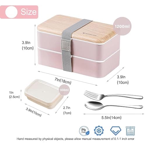 Original Bento Box Brotdose Lunchbox für Erwachsene/Kinder mit Fächern Essensbox Bündel Teiler Japanischer Stil mit Ddelstahl Besteck Löffel und Gabel (Rosa) thumbnail 2