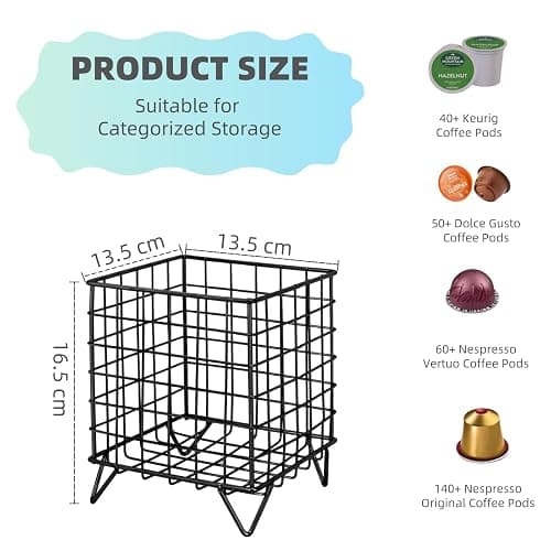 Coffee Pod Holder,Square Wire K Cup Holder Espresso Pod Organizer, Metal Storage Basket for Kitchen, Pantry, Office, Cafe, Coffee Bar Accessories, Coffee Table Organiser thumbnail 2