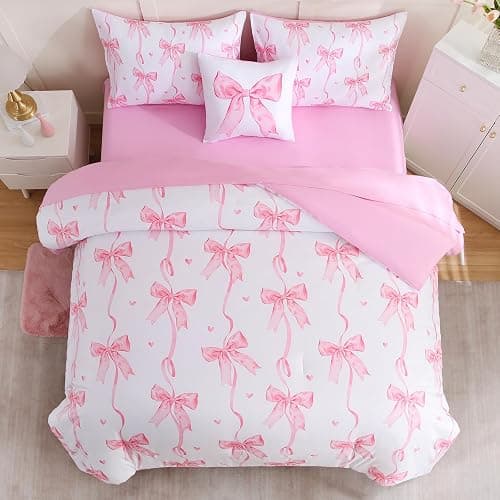 DORCAS Twin Size Bow Comforter Set 6Pcs Bed in A Bag for Girls Kids | Pink Girls Bedding Set,100% Microfiber,Whole-Piece Filling, Machine Washable, Deep-Pocket Sheet thumbnail 2