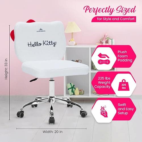 Impressions Vanity Hello Kitty Teddy Swivel Vanity Chair for Makeup Desk, Armless Rolling Chair with Wheels, Adjustable Height, 360 Degree Swing, Comfy Foam Padded Seat and Backrest (Teddy White) thumbnail 2