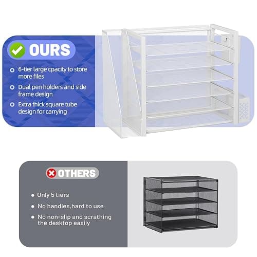 Simple Trending 6 Tier Desk File Organizer, Paper Letter Tray Organizer with File Holder and Pen Container, White thumbnail 4