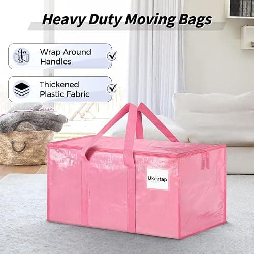 8 Pack Extra Large Heavy Duty Moving Bags, Pink Storage Bins with Lids, Reinforced Handles & Heavy-Duty Zippers Moving Boxes Storage Bags Totes for Clothes Packing, Dorms, College Supplies, Pink thumbnail 4