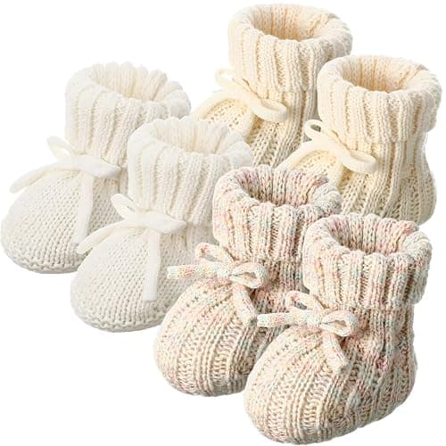 Evervibe 3 Pairs Knitted Baby Booties 0-6 Months Newborn Baby Shoes First Walkers Cozy Shoes for Infant Girl Boy - Image 1